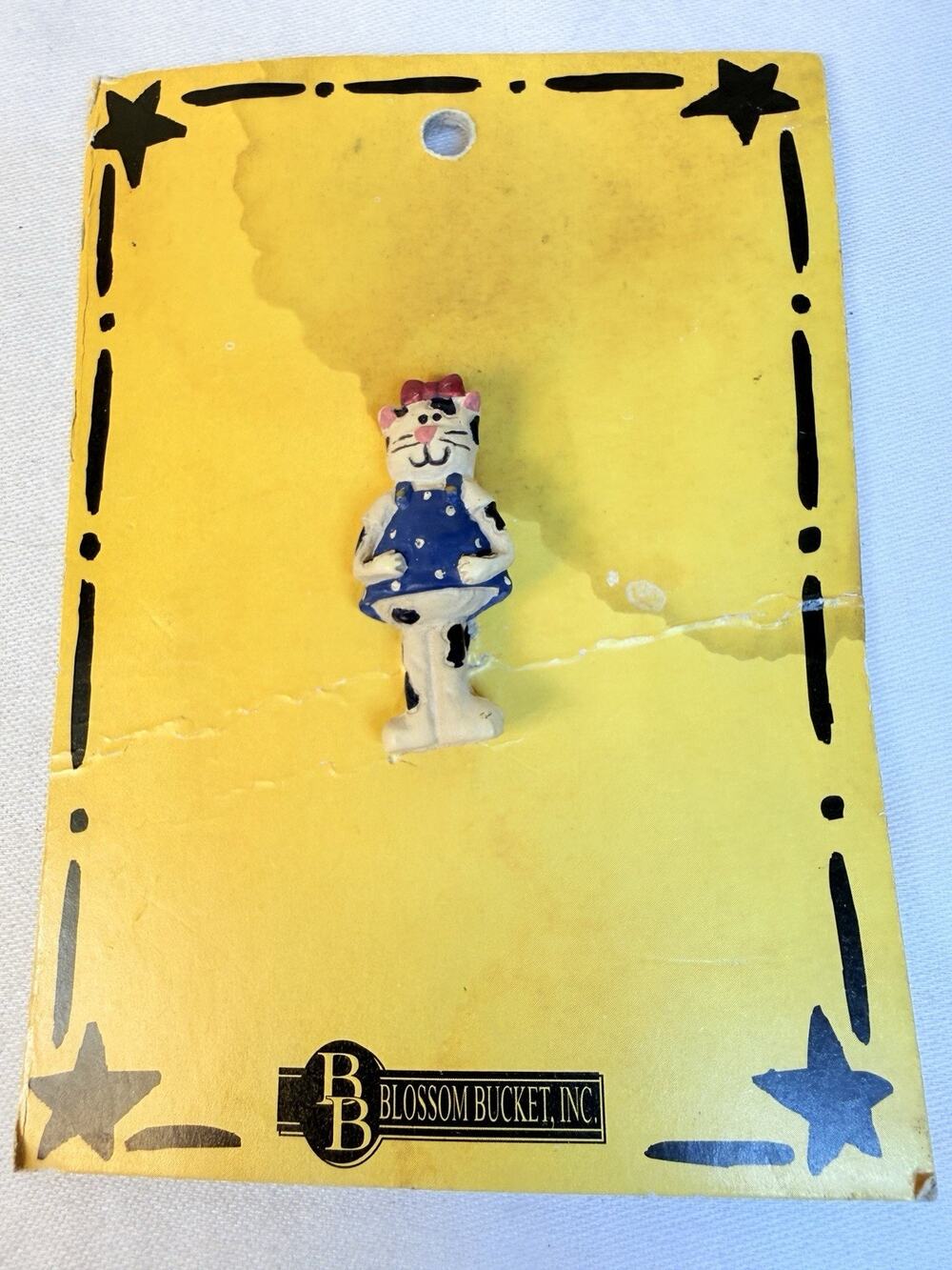 Blossom Bucket Whimsical Polka Dot Cat Figurine In Dress & Bow Brooch